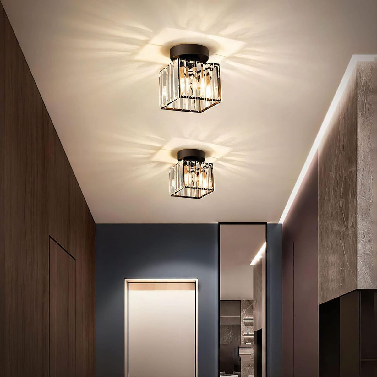 Pair of black square crystal flush netyf ceiling lights in a modern dark blue hallway