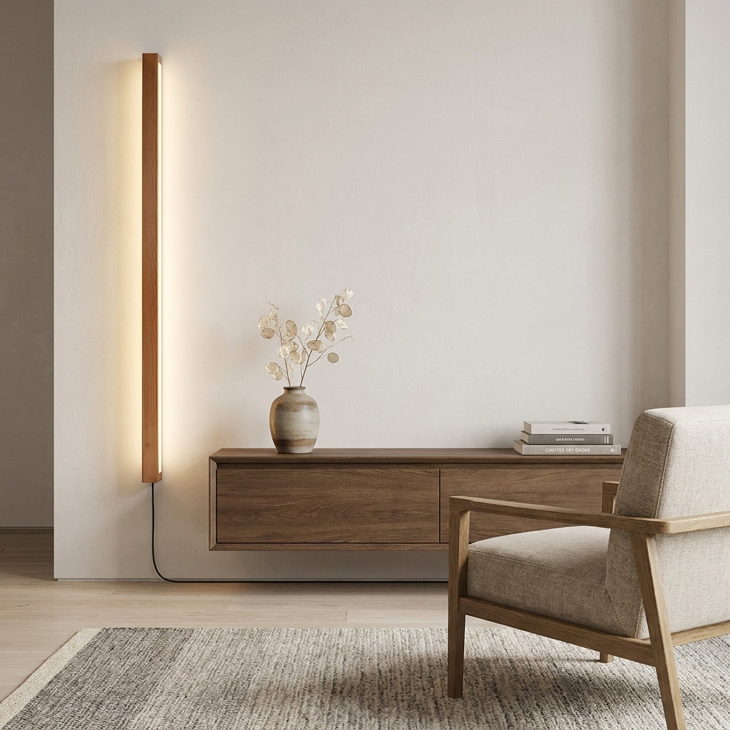 Nizku linear wood wall lamp above a wooden console table styled with a vase and plant