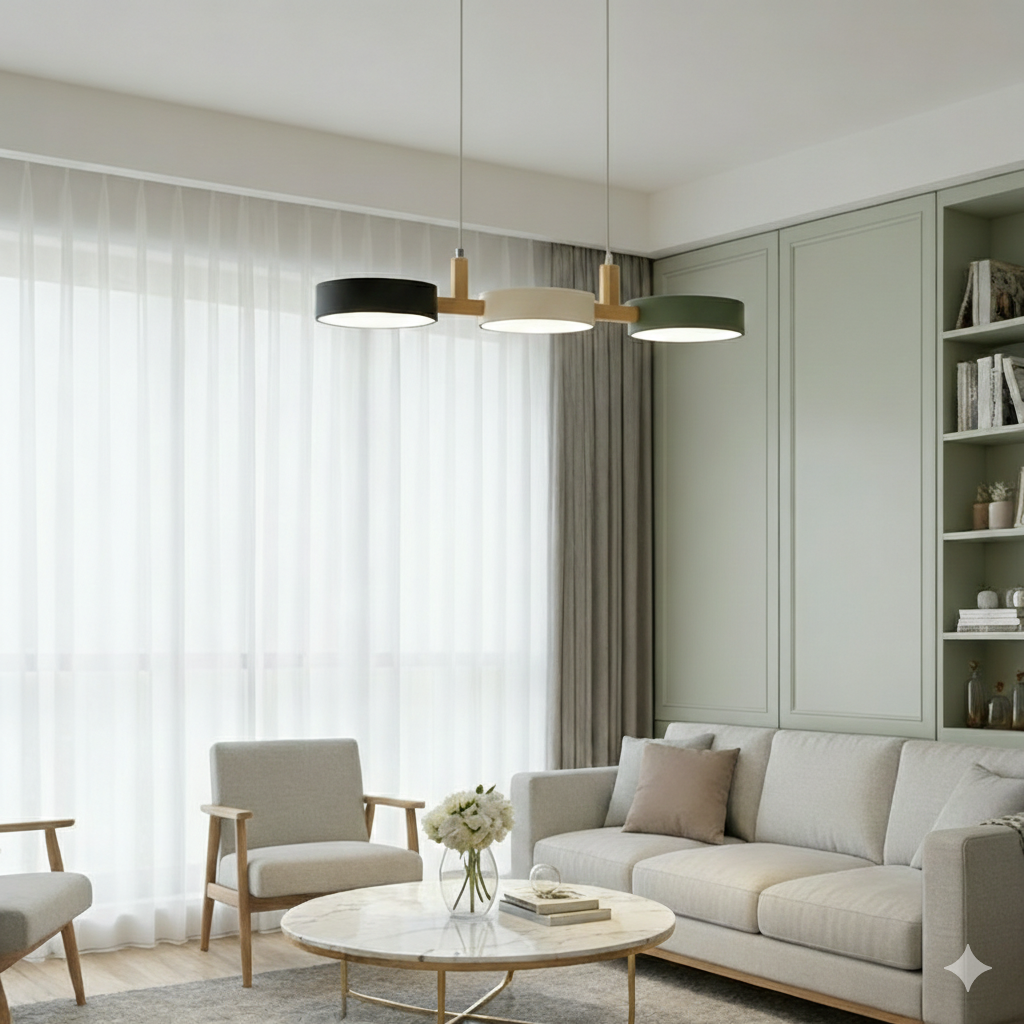 Black, white, and green linear nohit pendant light in a serene, modern living room setting