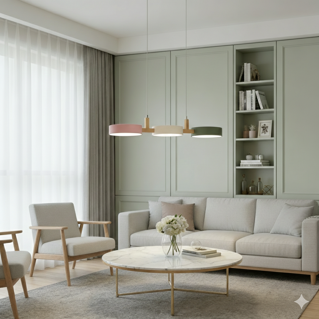 Pink, white, and green macaron nohit pendant light adding a playful touch of colour to a lounge area