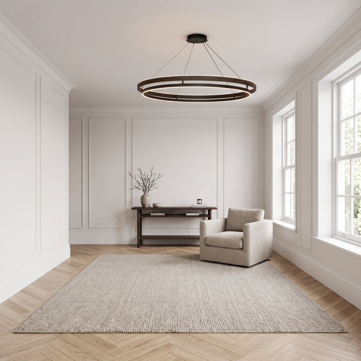 Nyles two-ring wood-grain LED chandelier in a wide panelled lounge with sash windows