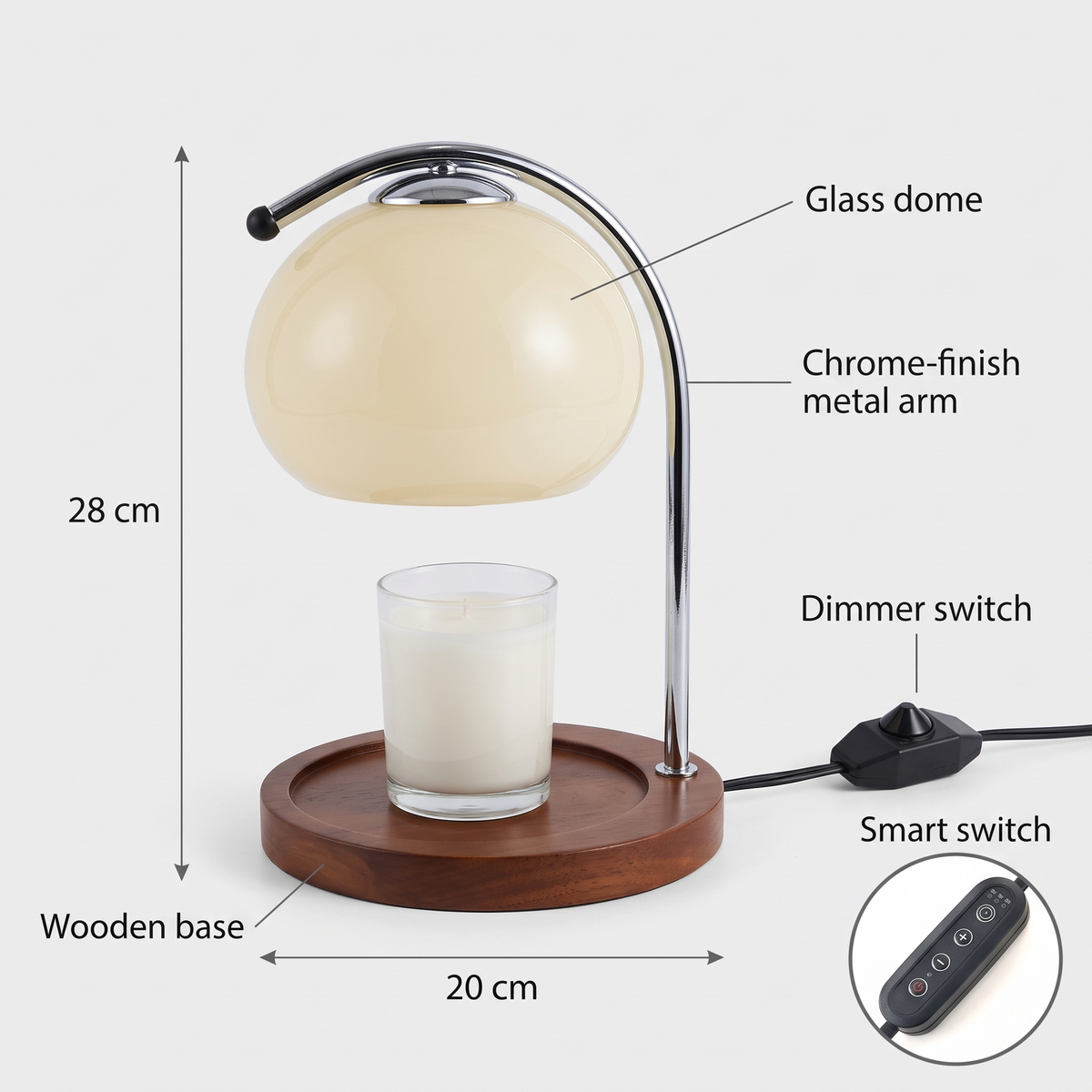 Ondo candle warmer lamp diagram showing 28 cm height, 20 cm base, glass dome, chrome-finish metal arm, wooden base, dimmer switch and smart switch