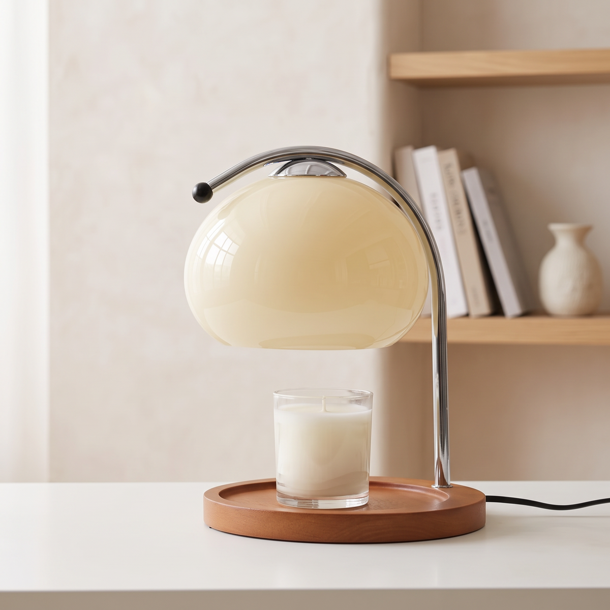 Ondo milky white glass candle warmer lamp on a white surface in front of a bookcase