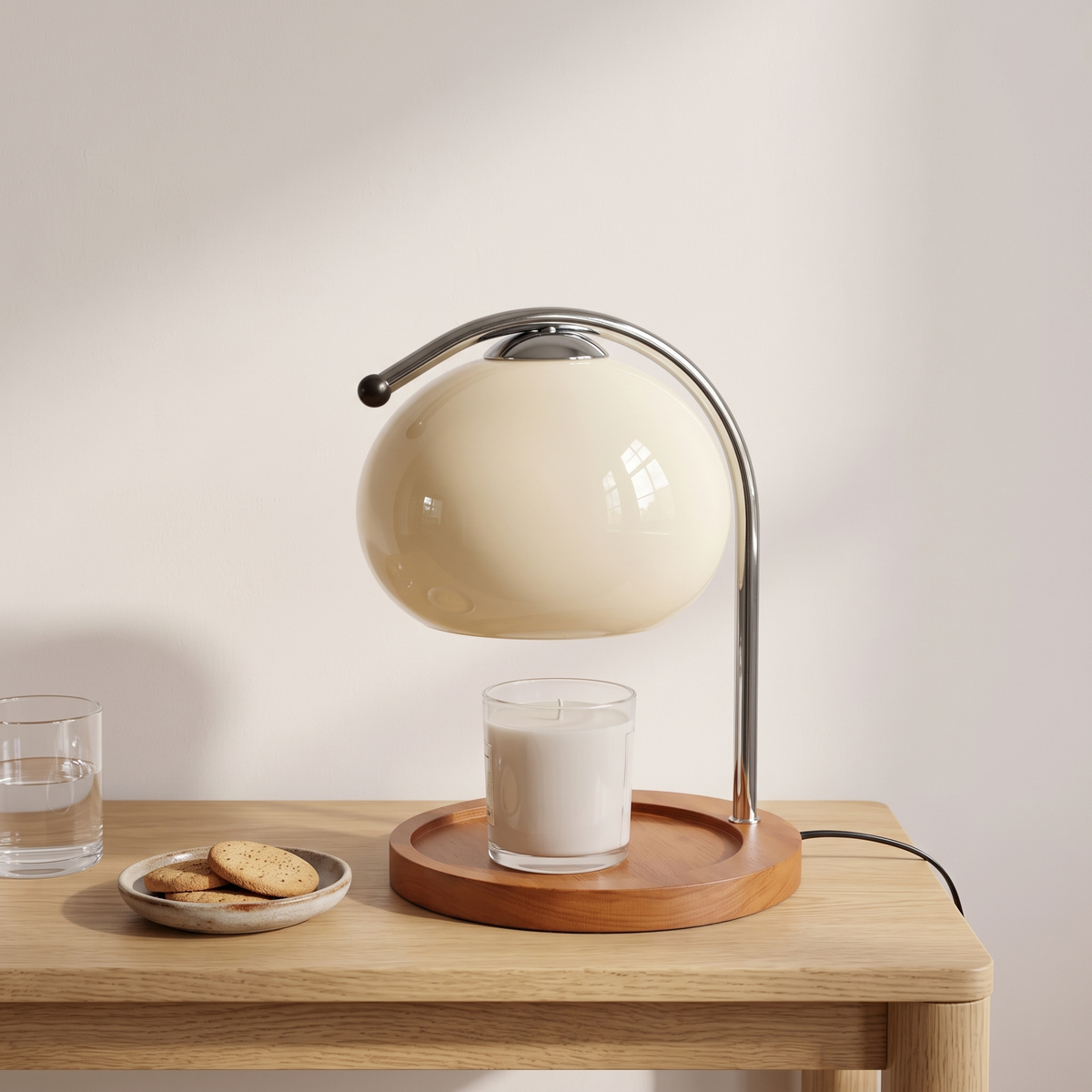 Ondo milky white glass candle warmer lamp on an oak console table beside a plate of biscuits and a glass of water