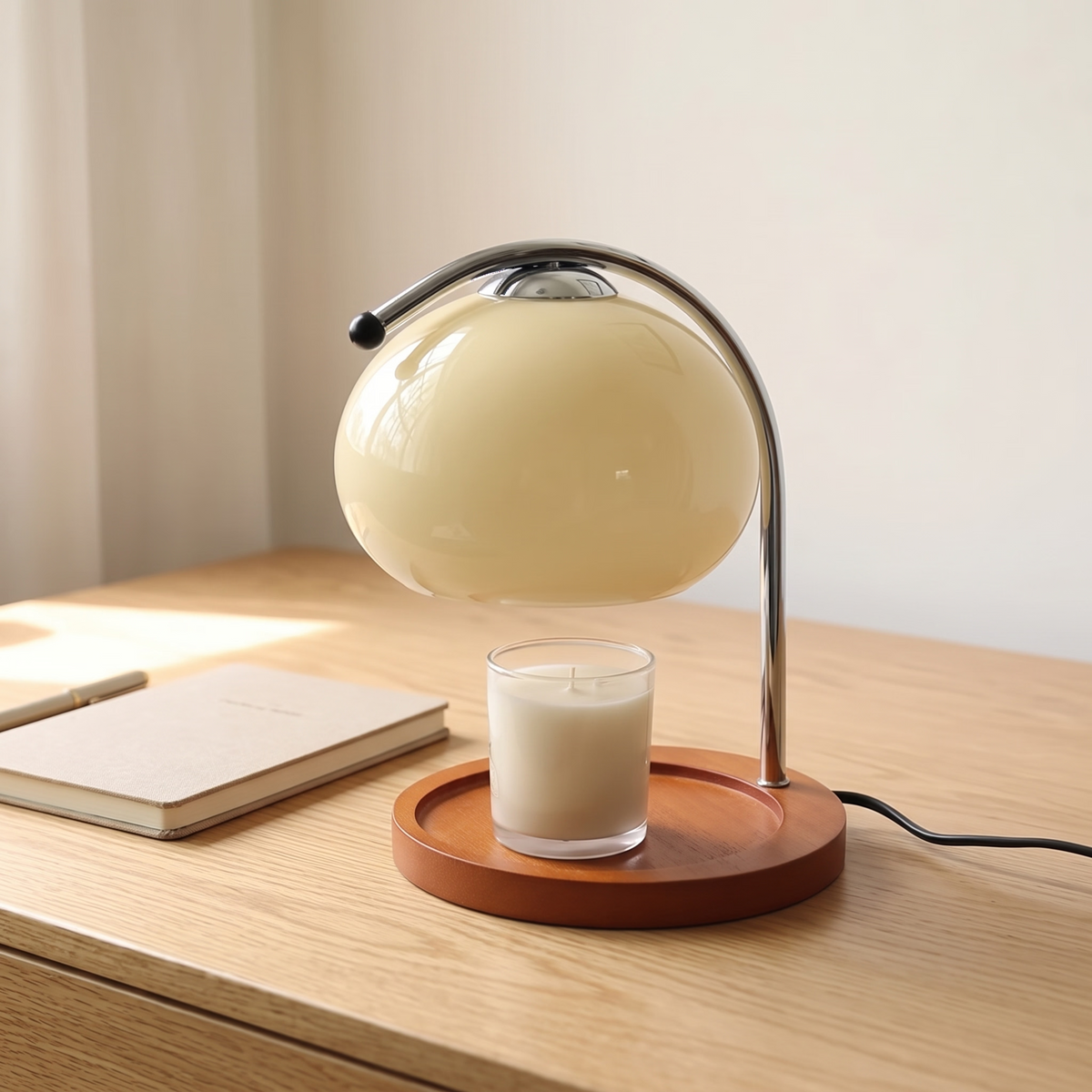 Ondo milky white glass candle warmer lamp on an oak desk beside a notebook
