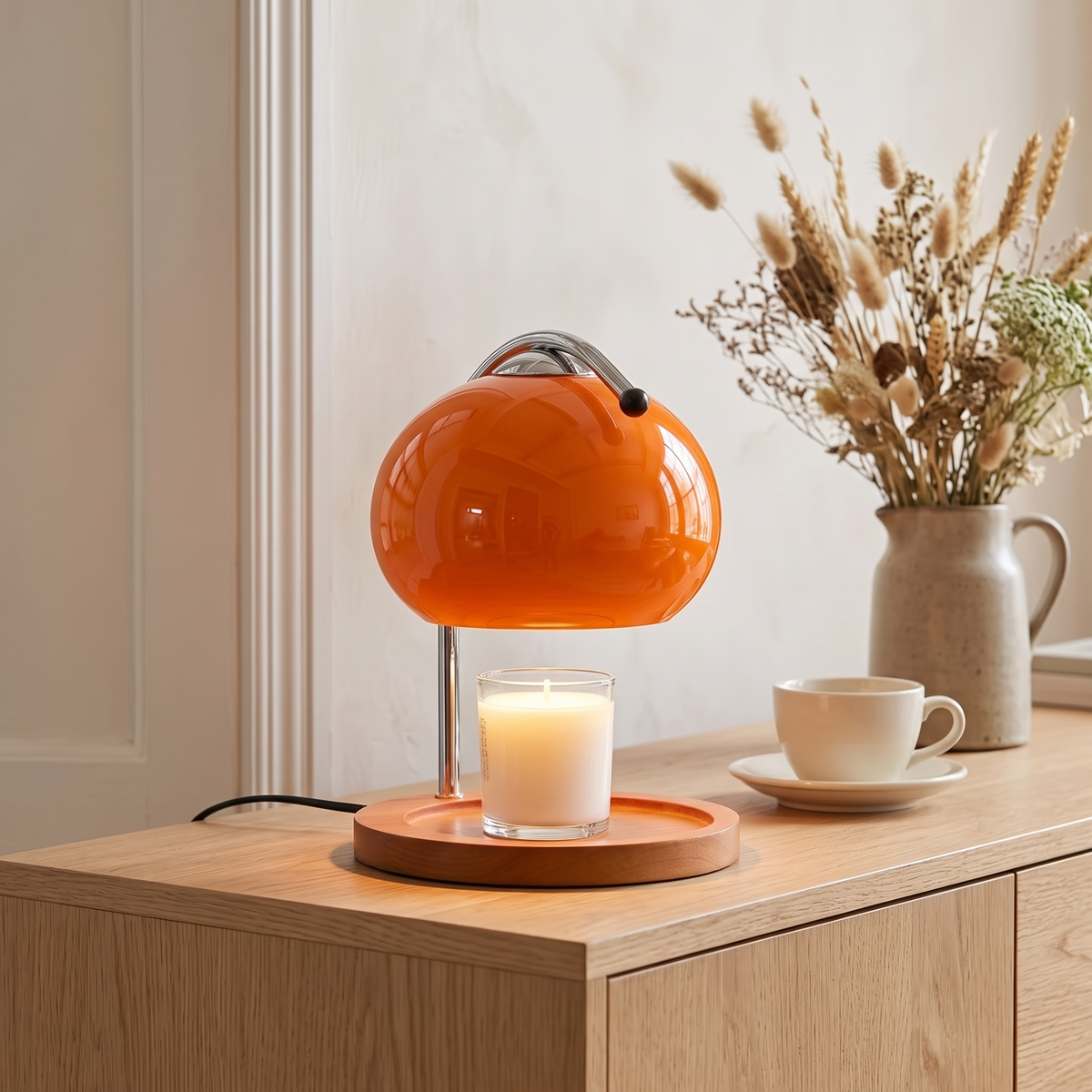Ondo orange glass candle warmer lamp on an oak sideboard beside a teacup and a jug of dried grasses