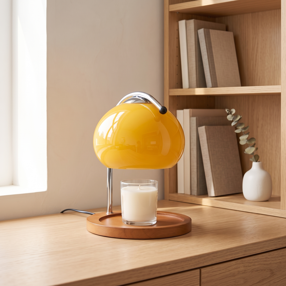 Ondo yellow glass candle warmer lamp on an oak shelf in front of a bookcase