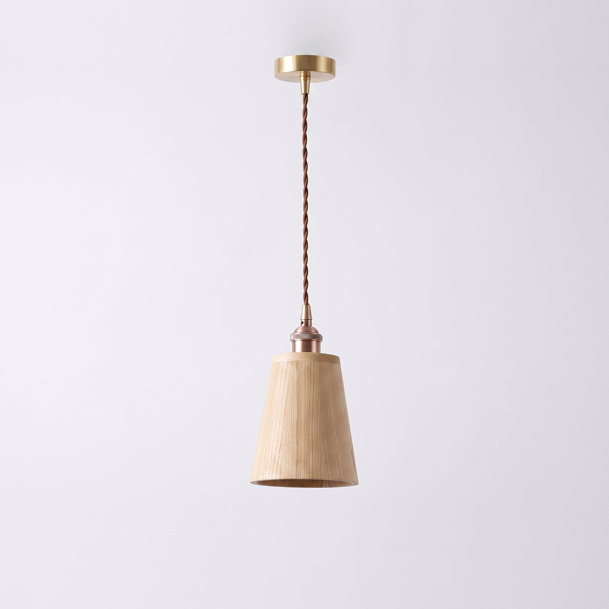 Oqzi minimalist wood and copper pendant light, Ash Wood Cone style, hero shot on grey background