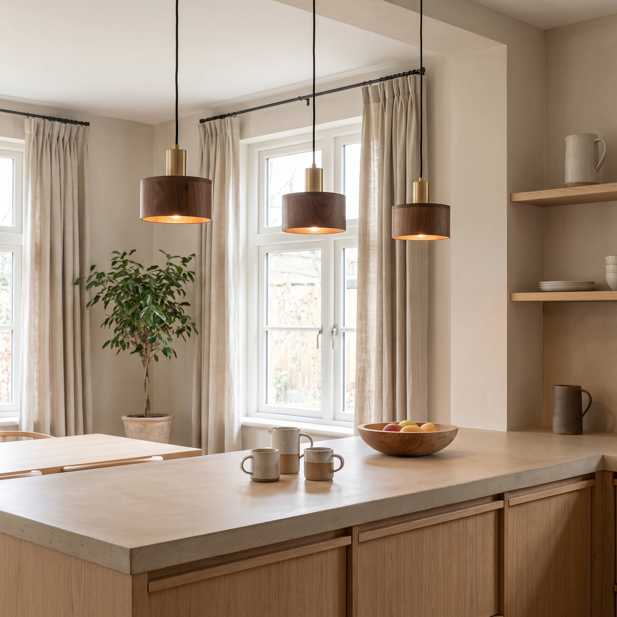 Oqzi minimalist wood and copper pendant lights, cluster of 3 styled above a kitchen counter