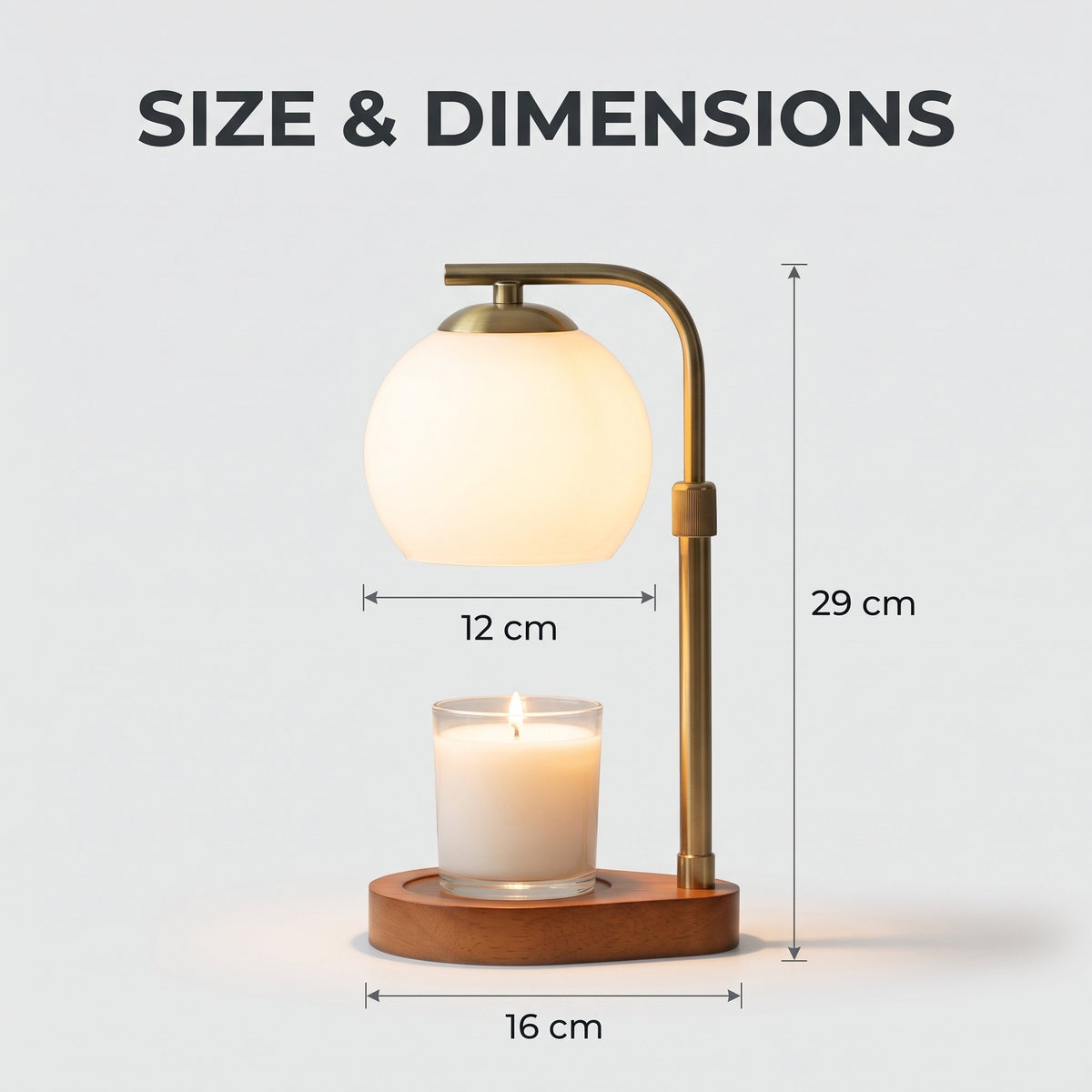 Orsa candle warmer lamp size diagram showing 29 cm height, 12 cm globe width and 16 cm base width