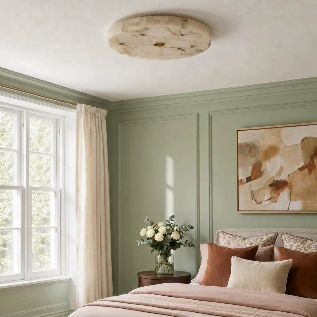 A modern circular ceiling light with a polished stone inlay is mounted on a white ceiling in a beautifully styled bedroom with sage green paneled walls, a window with cream curtains, and a bed with pink and brown bedding.