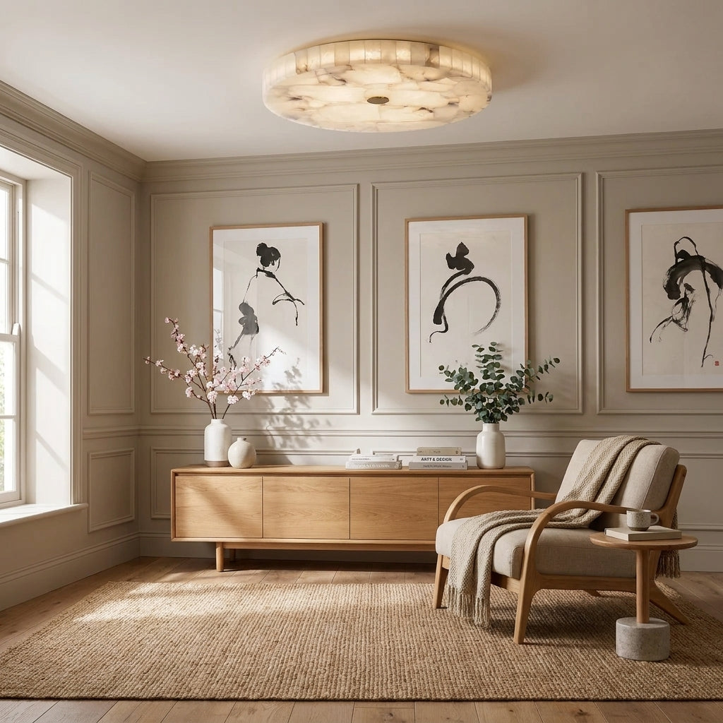 A beautifully styled living room featuring a light wood console table, a matching armchair with a beige throw blanket, on the ceiling a round flush mount marble fixture,  a round woven jute rug, and three minimalist black ink-style art prints on a beige panelled wall.