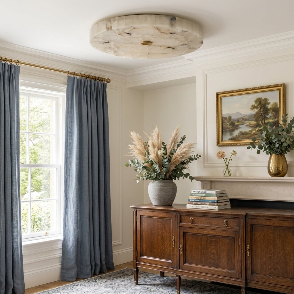 A styled interior room scene with a round marble ceiling light, blue-grey curtains, a wooden sideboard, pampas grass in a vase, and framed landscape art on a mantel.