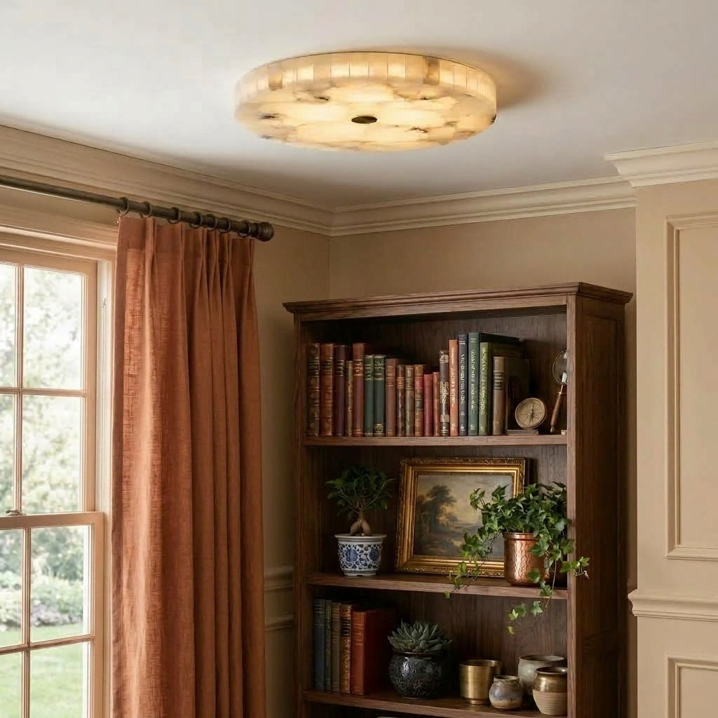 A round flush-mount ceiling light with a textured, marble pattern in warm tones, glowing in a cozy room corner next to a window with rust-coloured curtains and a wooden bookshelf.
