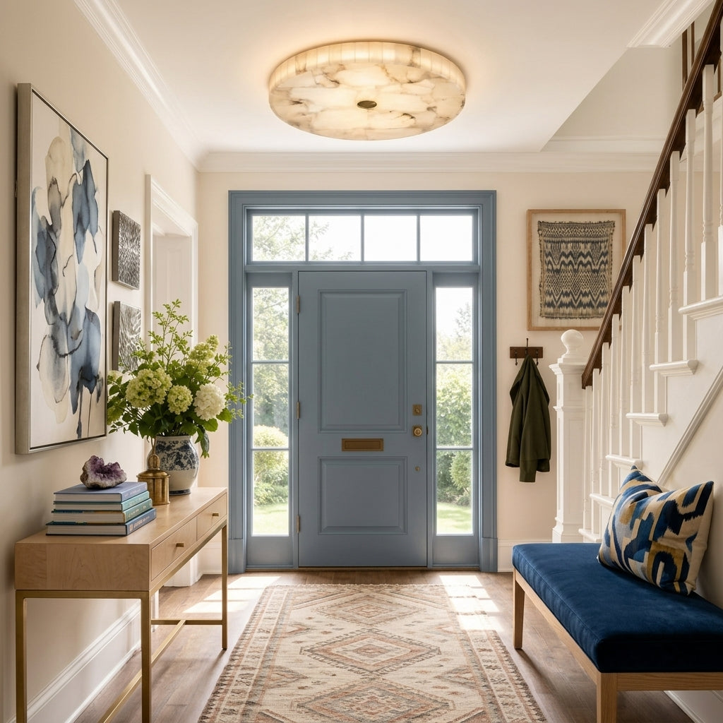 A beautifully styled entryway featuring a prominent blue front door, a blue upholstered bench with a patterned pillow, a light wood console table with a floral arrangement, a marble ceiling light fixture and a patterned rug on a hardwood floor.