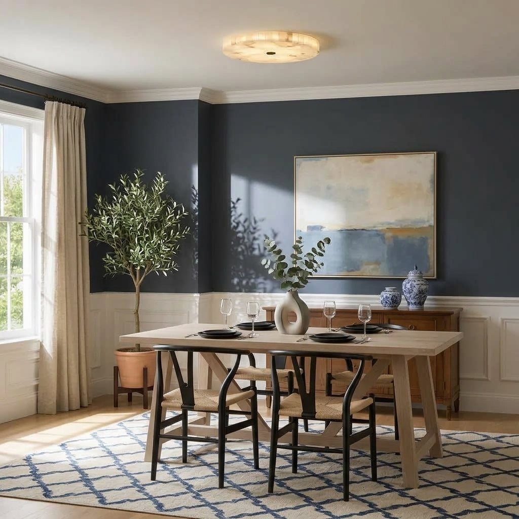 A styled dining room featuring a light wood table and four black-and-wood chairs on a blue-and-white patterned rug. The room has dark blue-grey walls, white wainscoting, a wooden sideboard with blue-and-white ceramic vases, marble ceiling fixture and a large abstract painting.