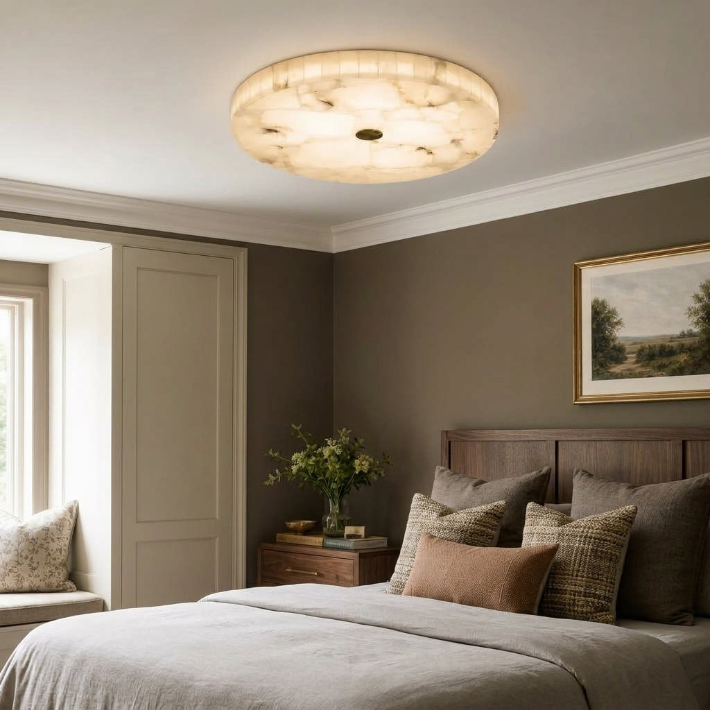 A round marble ceiling light fixture mounted on a white ceiling in a styled bedroom with dark grey walls, a bed, and a window.
