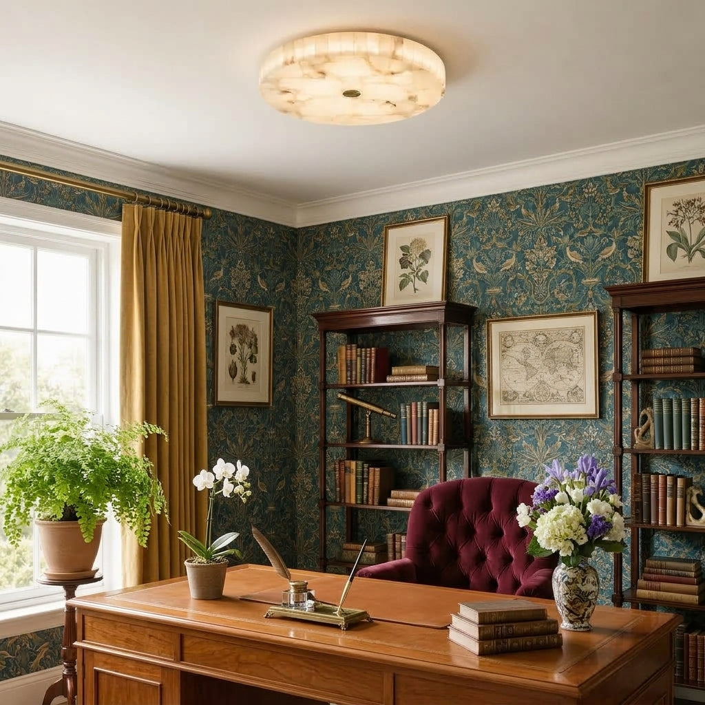 A round marble ceiling light fixture hangs in a classic study with blue patterned wallpaper, a wooden desk, a red velvet armchair, and potted plants.