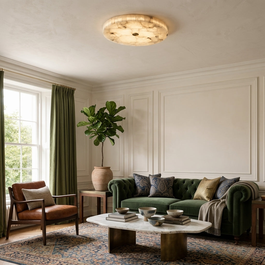 A round, textured marble natural stone ceiling light fixture is mounted on a white ceiling in a beautifully styled living room with a green velvet sofa, a brown leather armchair, and a large potted fiddle-leaf fig.