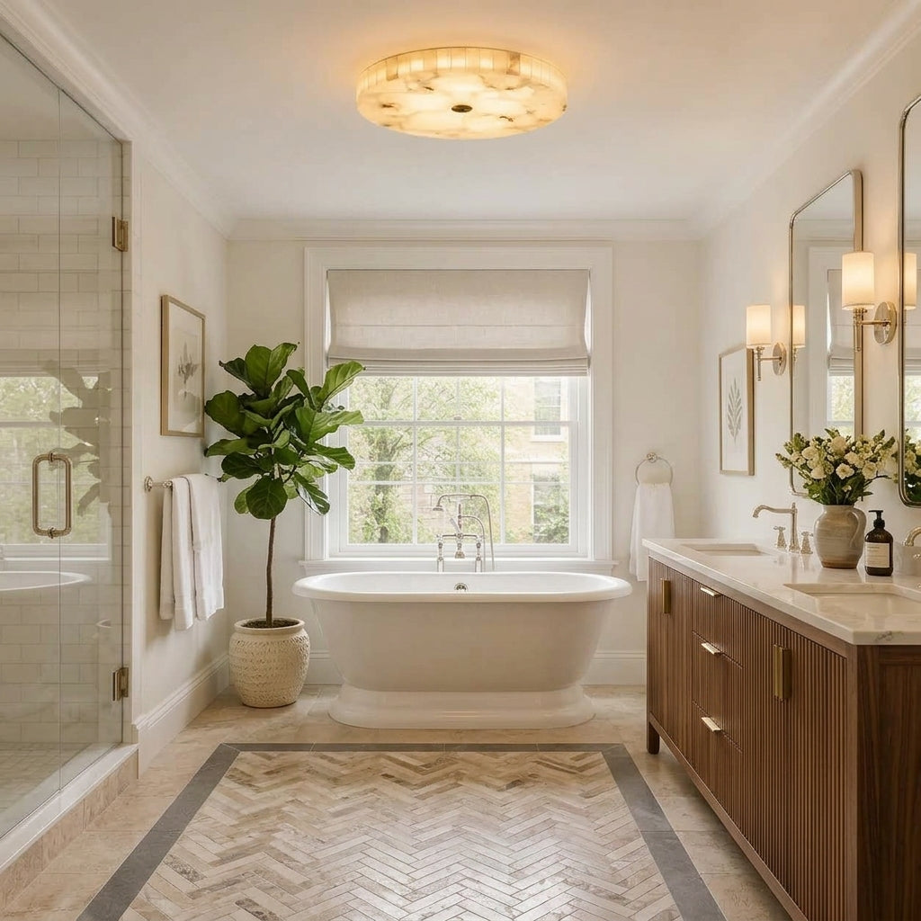 A bright, modern bathroom with a freestanding white bathtub centred under a window, a wood vanity with a marble countertop on the right, a glass shower enclosure on the left, marble ceiling light fixture and a potted fiddle-leaf fig plant near the tub.