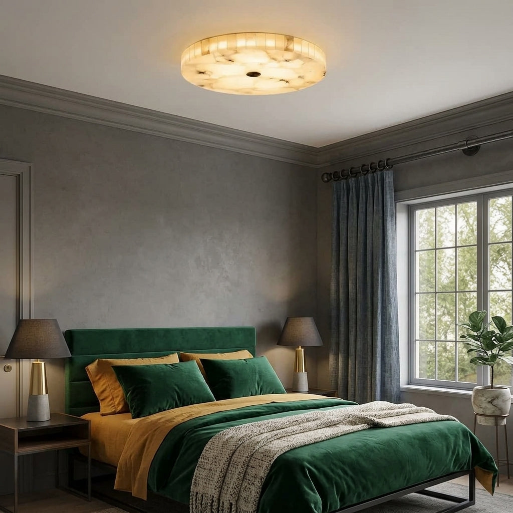 A modern bedroom featuring a round marble ceiling light fixture. The room has grey textured walls, a green velvet bed frame with green and mustard yellow bedding, and a large window with blue-grey curtains.