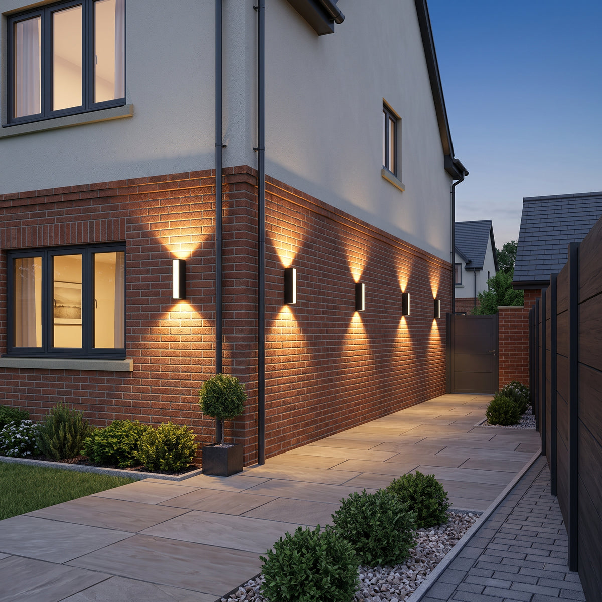 Row of Peqi black outdoor wall lights grazing a red brick wall beside a side path at dusk