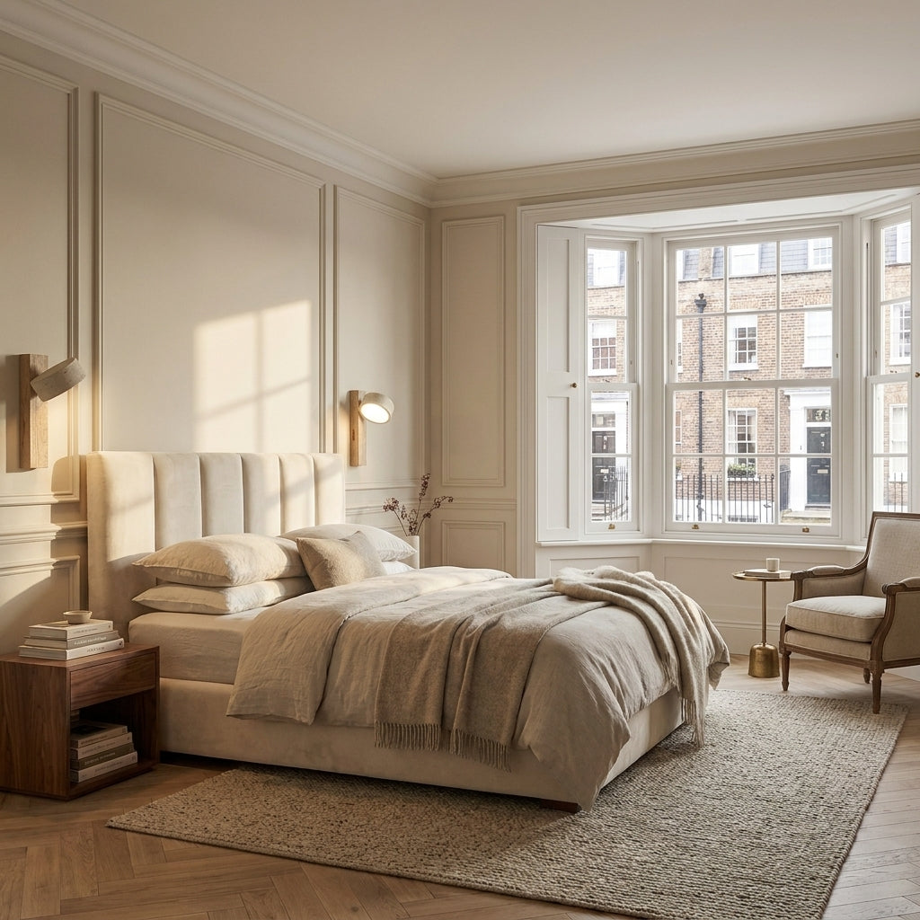Pexni wall lights mounted above nightstands in a cream-toned bedroom