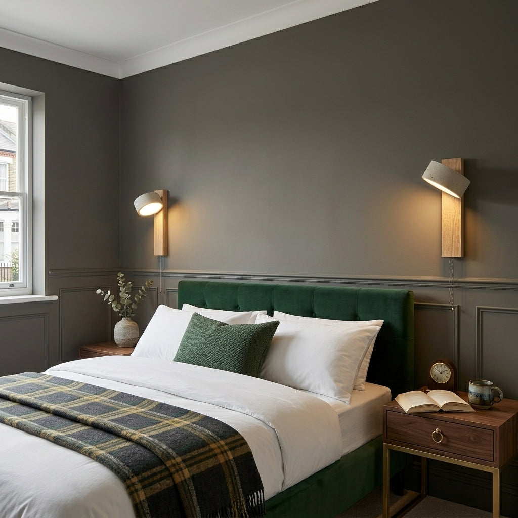 Pexni wall lights mounted above a bed with a green headboard in a bedroom setting