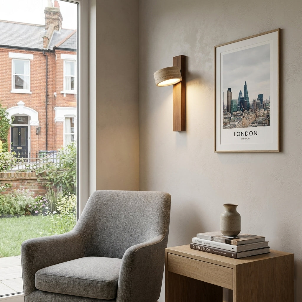 Pexni wall light mounted beside a window in a living room with a garden view