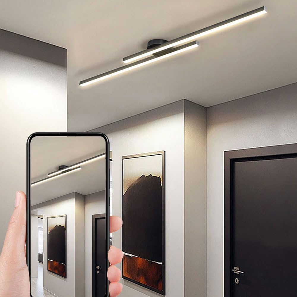 Smartphone camera testing the black linear poxu ceiling light, demonstrating its flicker-free LED technology