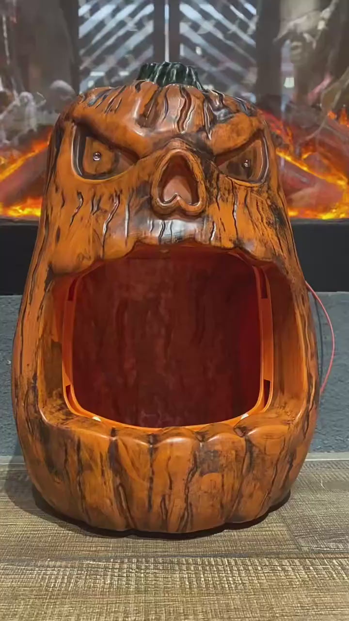 Radiant skull face pumpkin sweet box demo, weight-activated retracting teeth, sound and glow