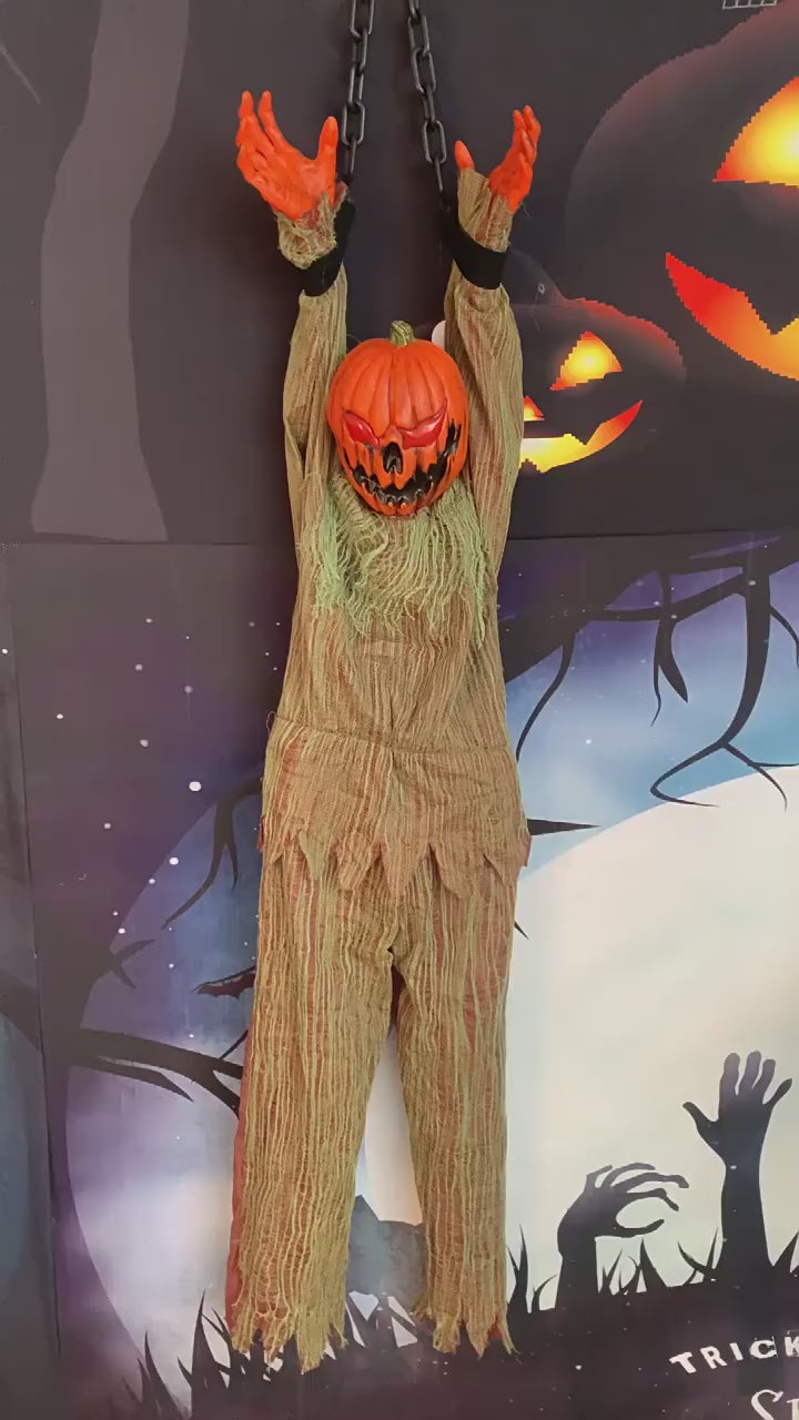 Gigglefiend hanging Halloween prop demo video showing light-up eyes and sound effects