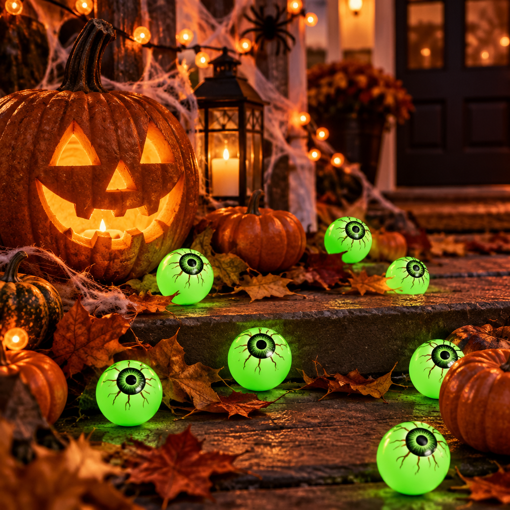 Pupils glow-in-the-dark eyeballs scattered on a decorated Halloween porch with a carved jack-o'-lantern