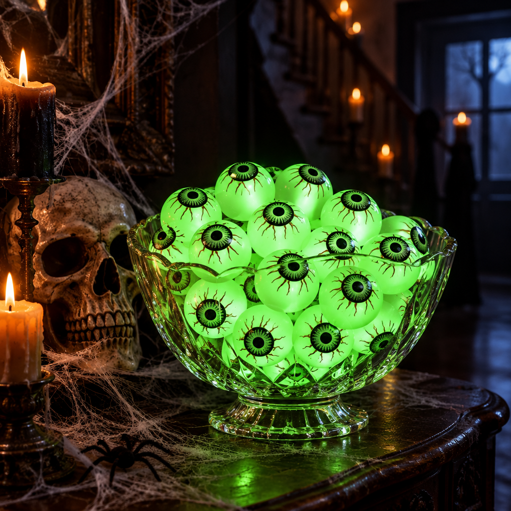 Pupils glow-in-the-dark eyeballs in a glass bowl on a haunted house entry table