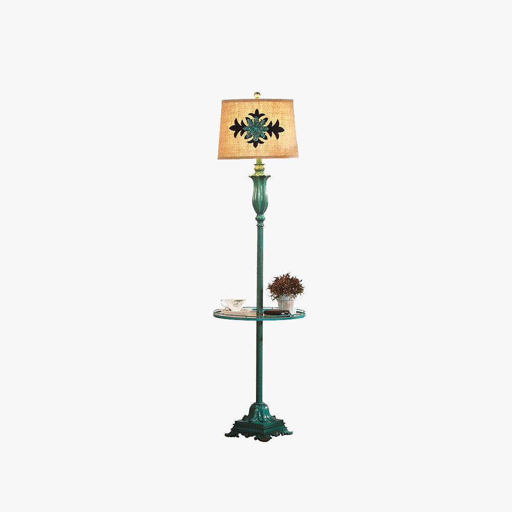 Isolated view of the vintage green puska floor lamp featuring a built-in circular tray table