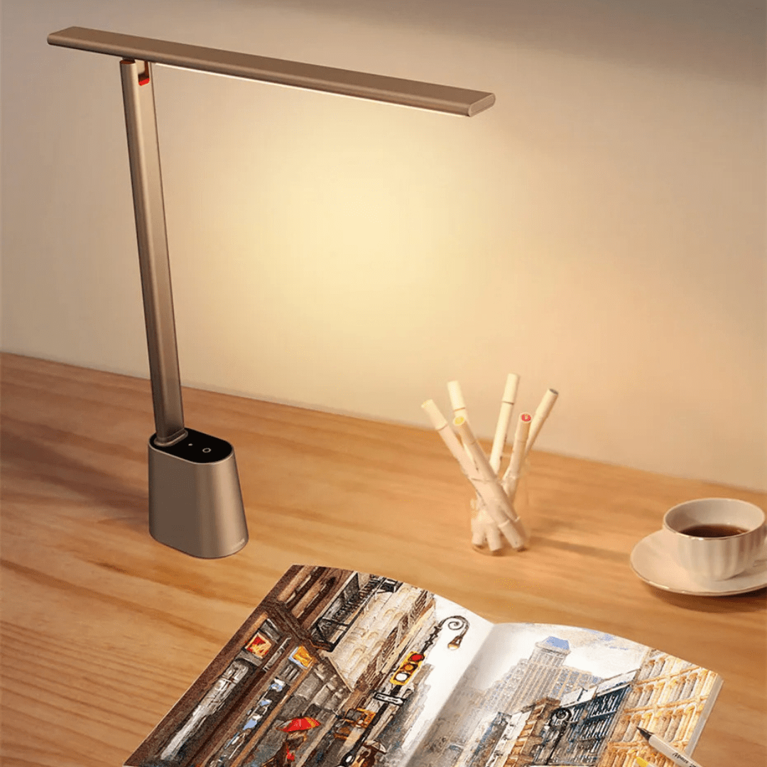 Minimalist aluminium touch qeta reading lamp casting a warm glow on a contemporary home office workspace
