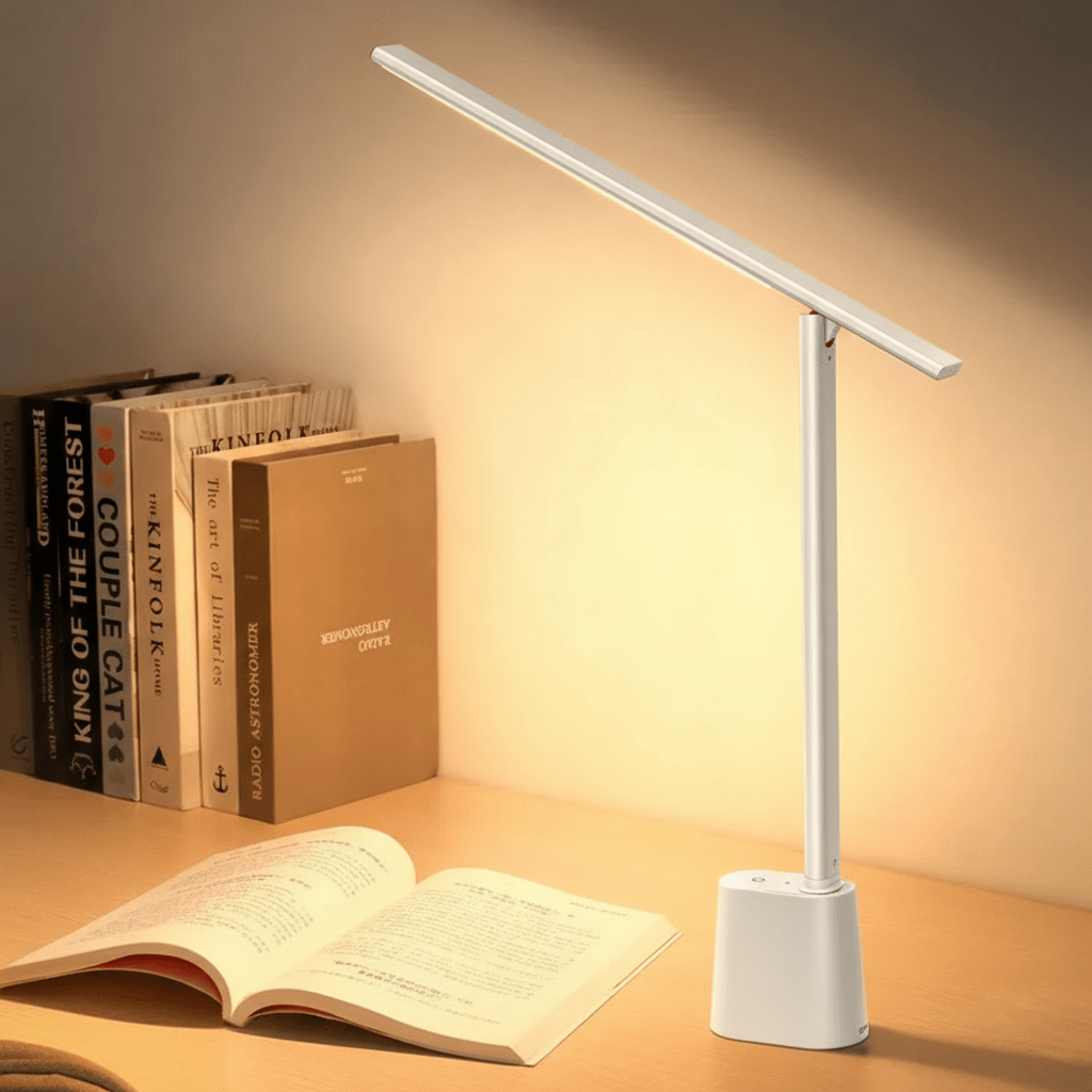 Sleek white qeta rechargeable cordless desk light illuminating a study area with stacked books