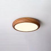 Modern walnut wood-effect round LED qexi ceiling light with a curved profile