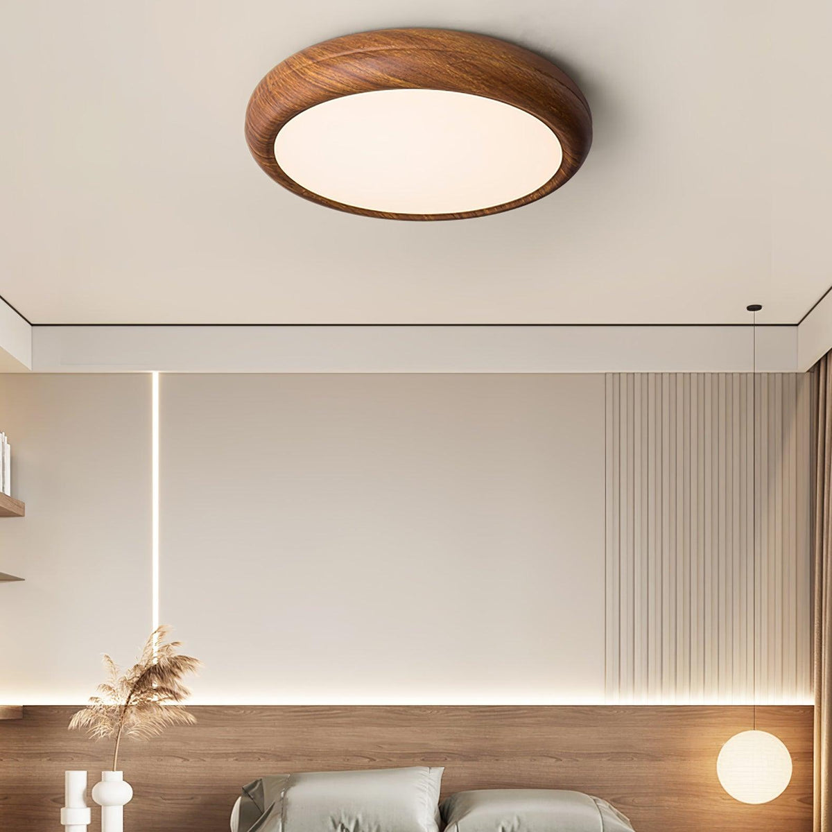 Straight profile walnut wood-style qexi ceiling lamp in a minimalist bedroom