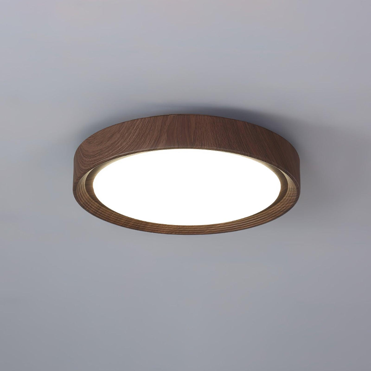 Front view of the straight edge walnut wood-effect LED qexi ceiling light