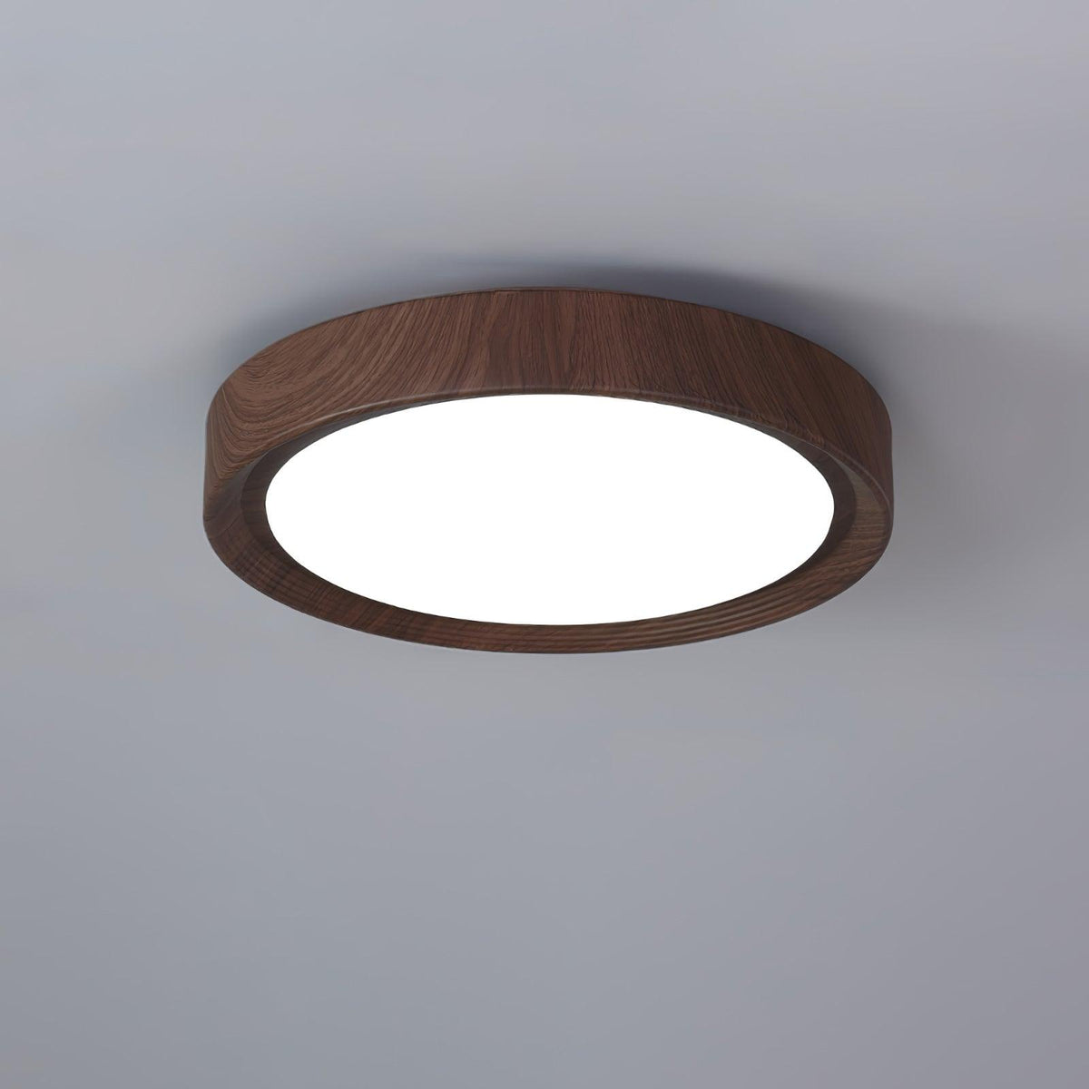 Angled view of the straight edge walnut wood-effect qexi flush mount