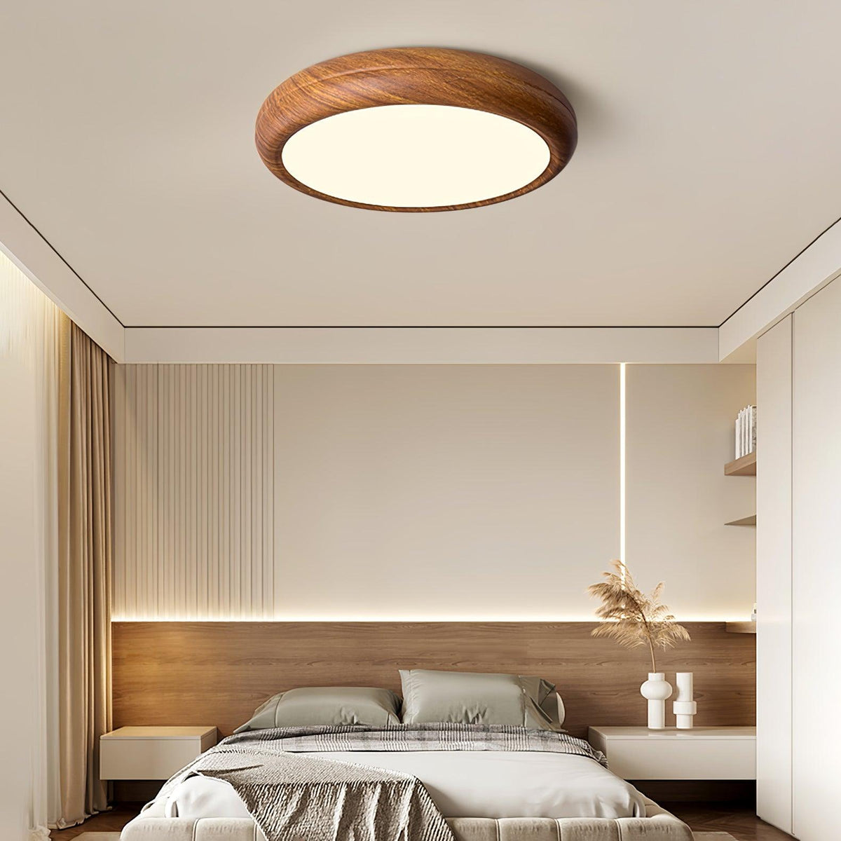 Curved walnut wood-style LED qexi ceiling light illuminating a modern bedroom