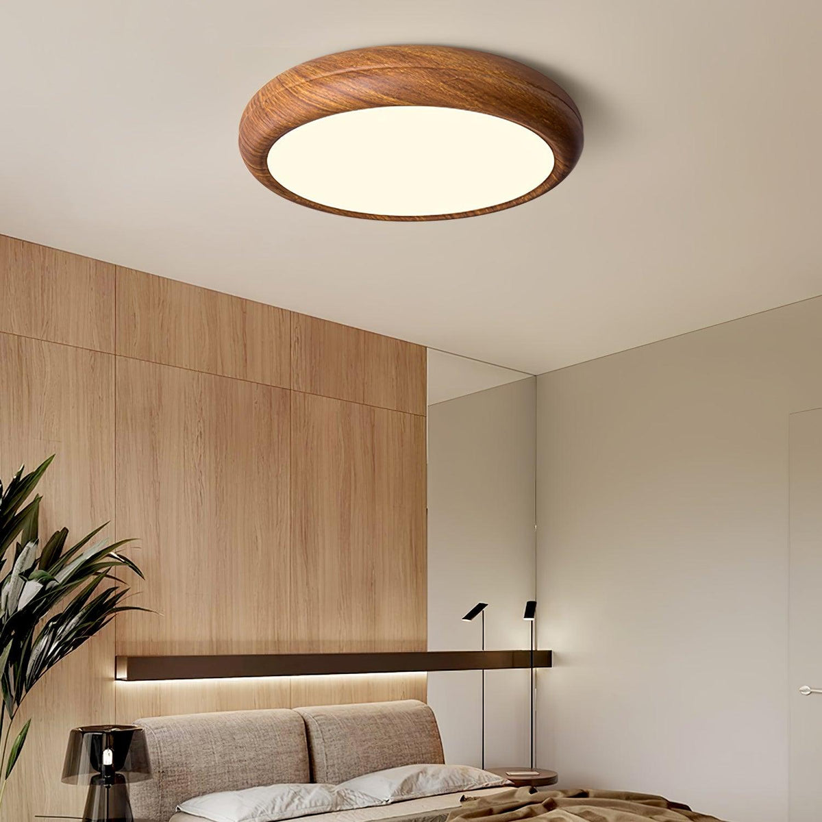 Straight edge walnut wood-effect qexi ceiling light in a neutral-toned bedroom