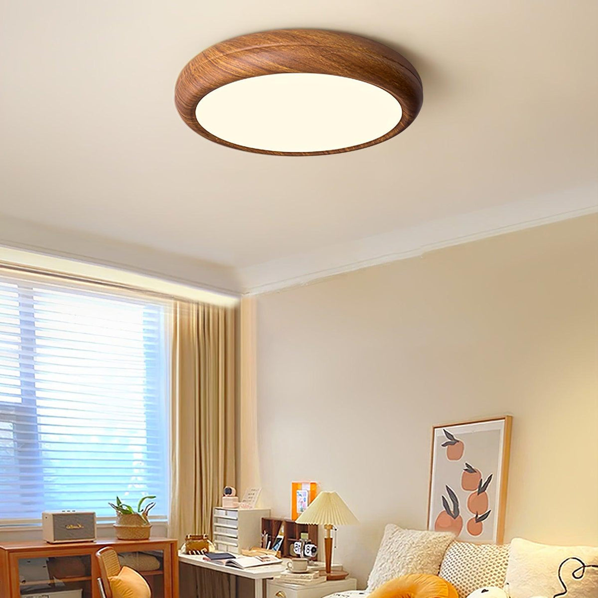 Walnut wood-effect round qexi ceiling light installed in a bright living room