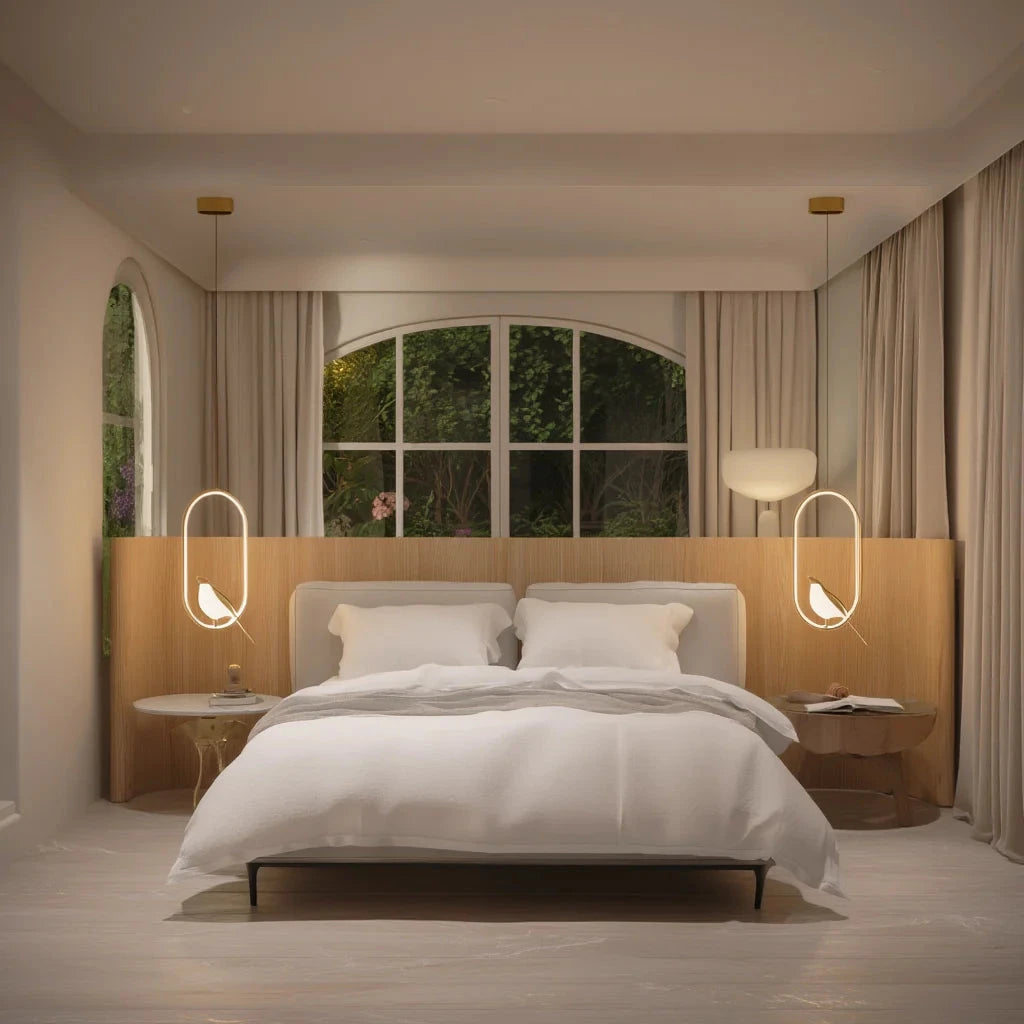 Pair of Qwel gold magpie pendant lights either side of a bed in a soft British minimalist bedroom