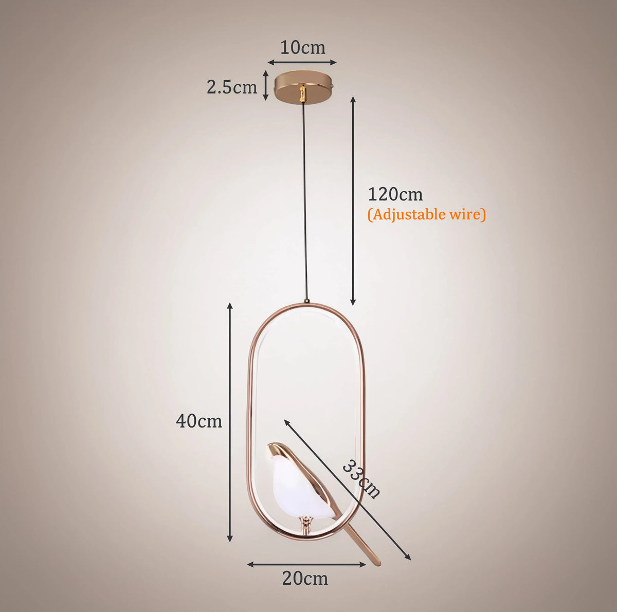 Qwel gold magpie pendant light dimension diagram showing ring, magpie and canopy measurements