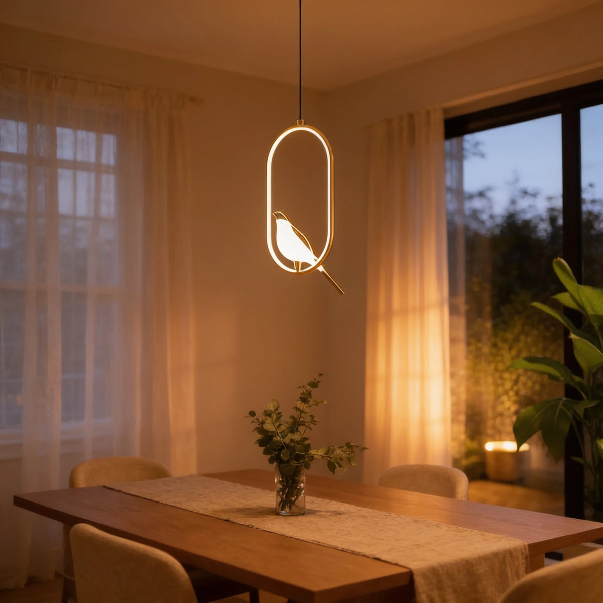 Qwel gold magpie pendant light glowing above a dining table in a soft British minimalist dining room at dusk