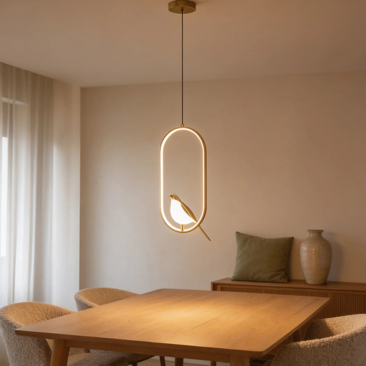 Qwel gold magpie pendant light hanging above a dining table in a soft British minimalist dining room