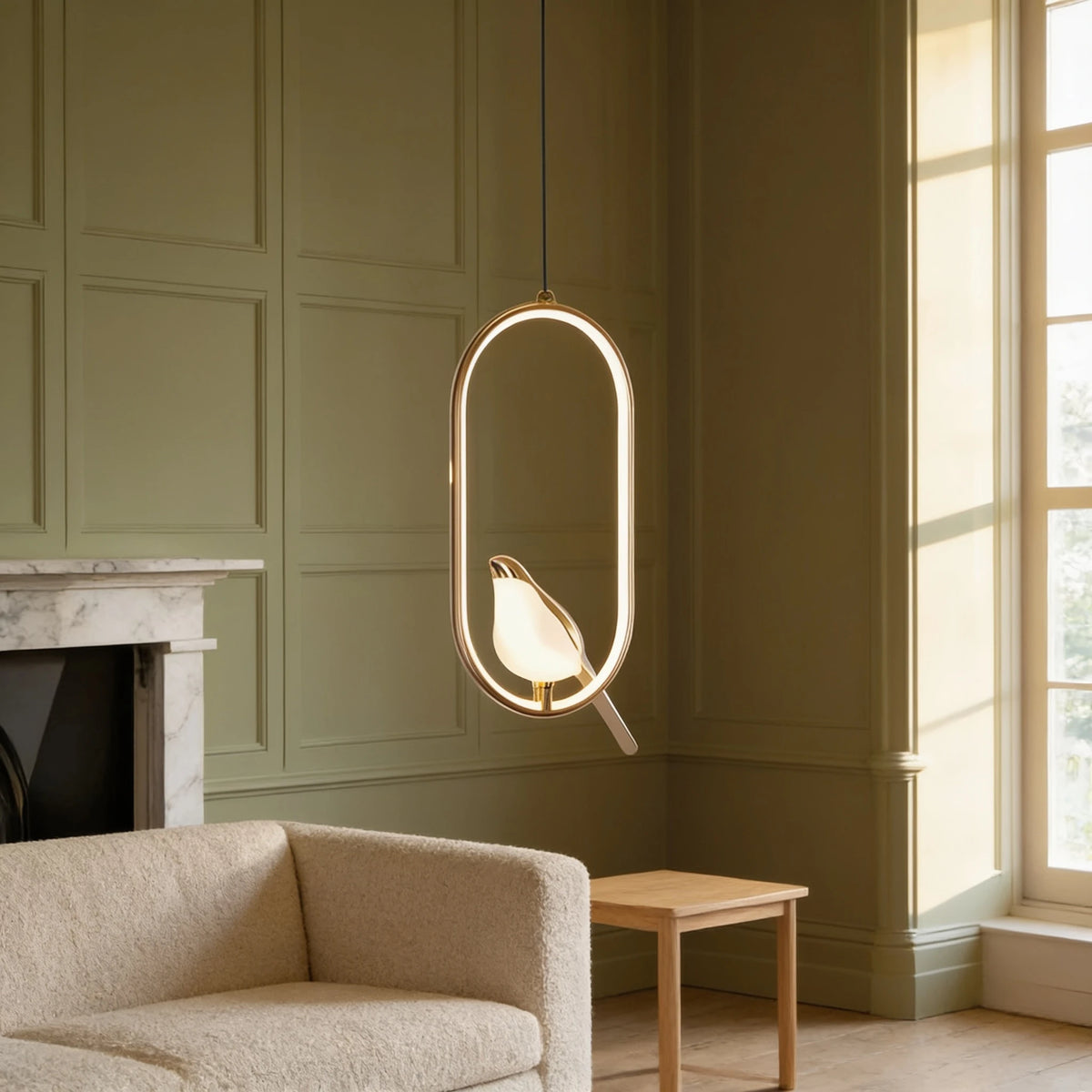 Qwel gold magpie pendant light in a soft British minimalist living room beside a pale marble fireplace