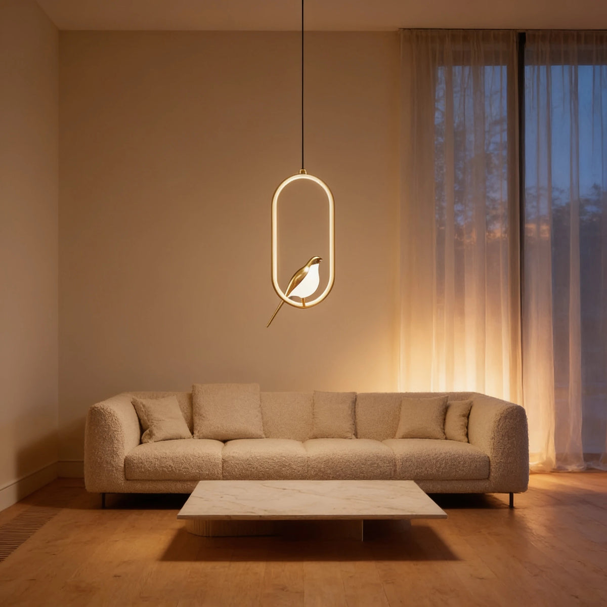 Qwel gold magpie pendant light in a soft British minimalist living room beside a neutral linen sofa